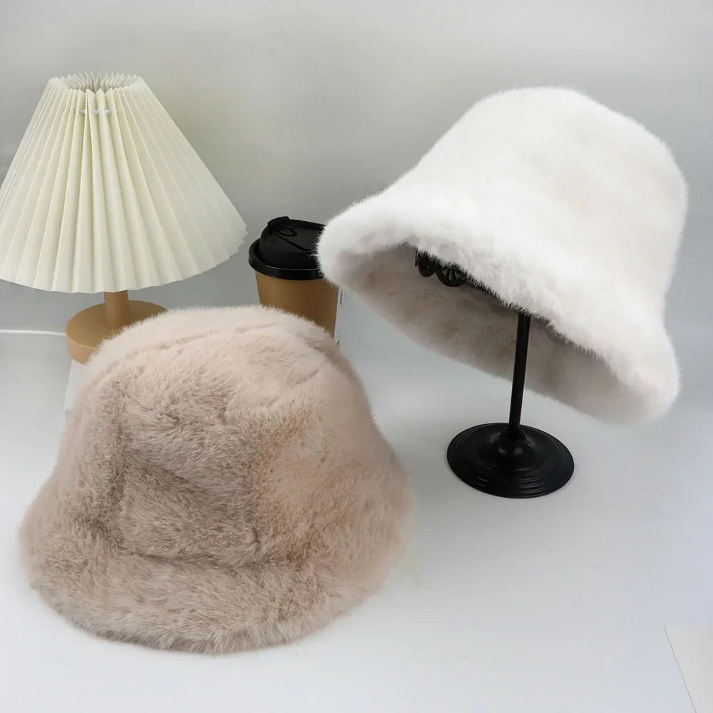 Fluffy Fur Fisherman Hat for Women – Winter Plush Ear Protection, Windproof Warm Solid Fashion Bucket Cap