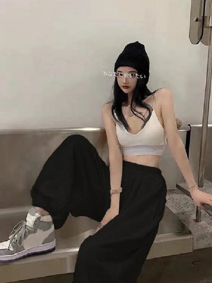 Women's White Wide Leg Jogger Sweatpants - Casual Fashion Sports Ankle-Length Trousers