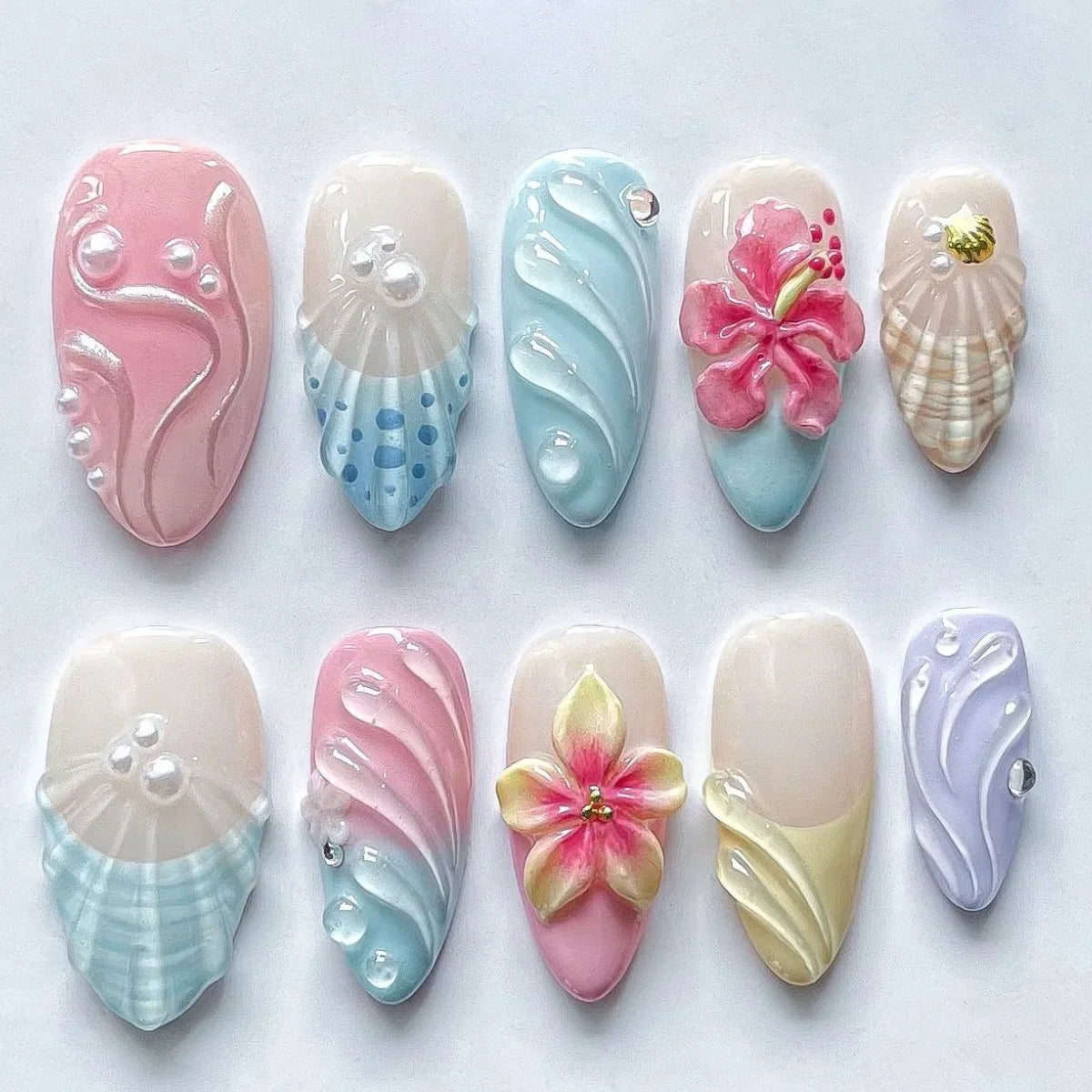 24PCS Strawberry Bow Press On Nails - Red Short Almond Pearl Starlight Floral False Nail Art Tips