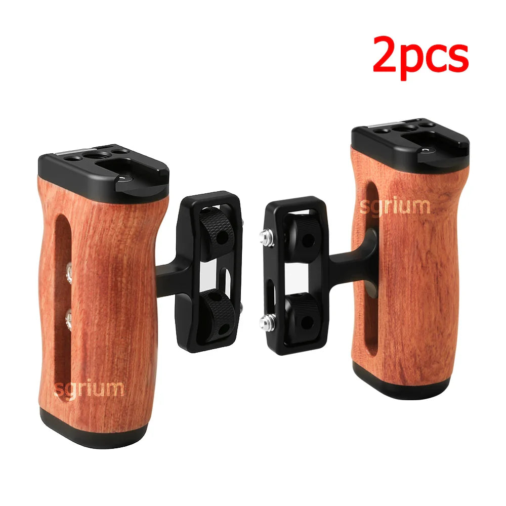 sgrium Universal Camera Cage Wooden Side Handle – Left/Right Ergonomic Grip with 1/4" Mount Threads & Cold Shoe for Sony Camera Cage Video Shooting Rig Accessories