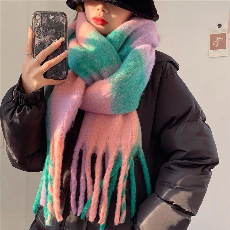 2025 Women's Winter Thick Cashmere Scarf – Warm Pashmina Shawl with Rainbow Tassels & Wraps