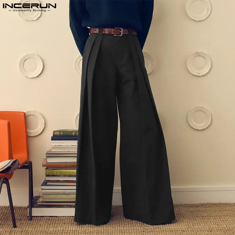 INCERUN Men Wide Leg Pants - Loose Pleated Casual Streetwear Button Trousers S-5XL