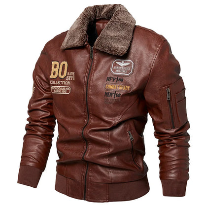 Men's Slim Fit Leather Bomber Jacket - Fur Collar Warm Flight Pilot Coat Black Outerwear