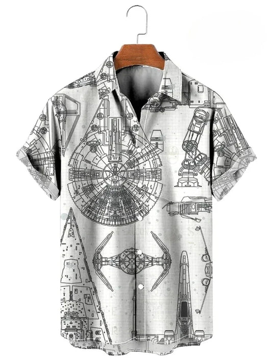 Men’s 3D Map Print Hawaiian Shirt - Vintage Short Sleeve Button Up Lapel Casual Oversized Top