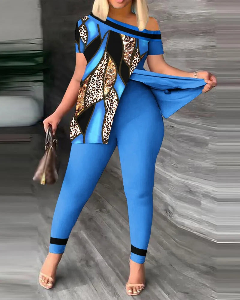 Elegant Women’s Two-Piece Set – Printed Ruffle Sleeve Top & Solid Color Pants with Belt