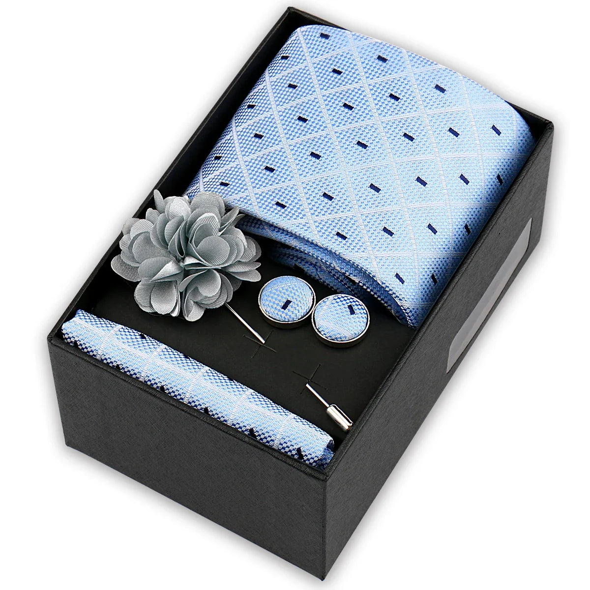 Men’s 4-Piece Tie Set Gift Box - Elegant Necktie with Handkerchief, Cufflinks & Brooch for Business, Wedding & Suit Accessories
