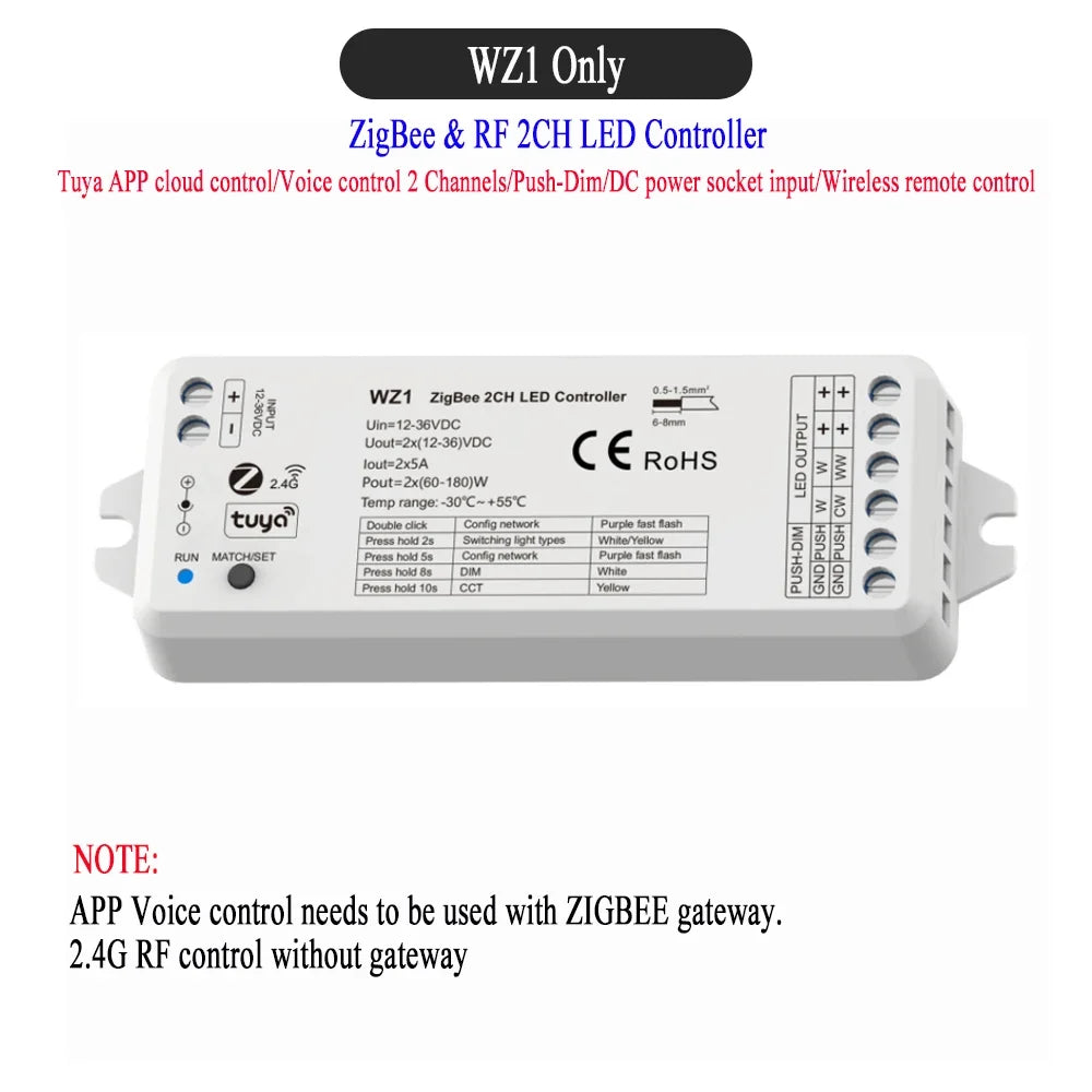CENFAYA ZigBee & RF 2CH LED Controller - Smart DC 12V/24V Dimmer for CCT LED Strips with Remote Control