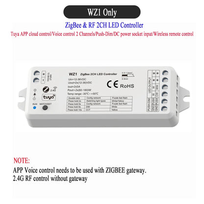 CENFAYA ZigBee & RF 2CH LED Controller - Smart DC 12V/24V Dimmer for CCT LED Strips with Remote Control