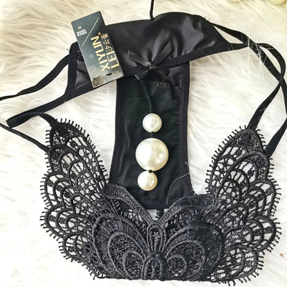 Women’s Lace Embroidered Thong Panties – Beaded Faux Pearl Design T-Back G-String Underwear, Hollow Out Sexy Lingerie Intimates