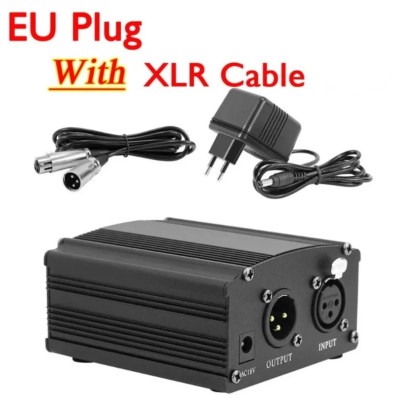 48V Phantom Power Supply Kit - XLR 3-Pin Microphone Cable & Adapter for Condenser Recording Mics