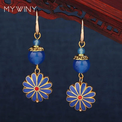 Vintage Flower Drop Earrings - Natural Stone Ethnic Jewelry for Women