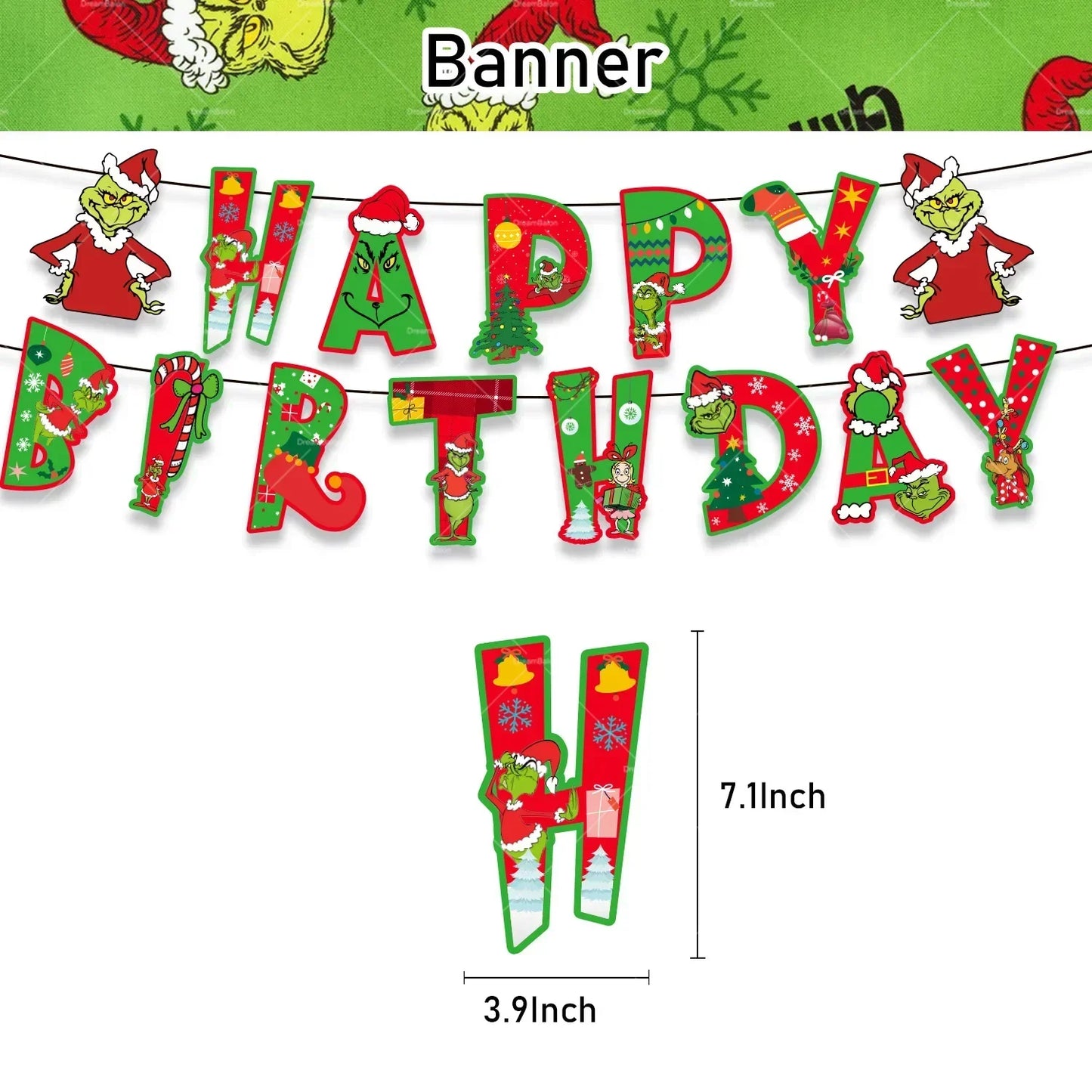 Grincs Christmas Party Balloon Decoration Set – Merry Xmas Banner Cake & Disposable Tableware Supplies Green Red