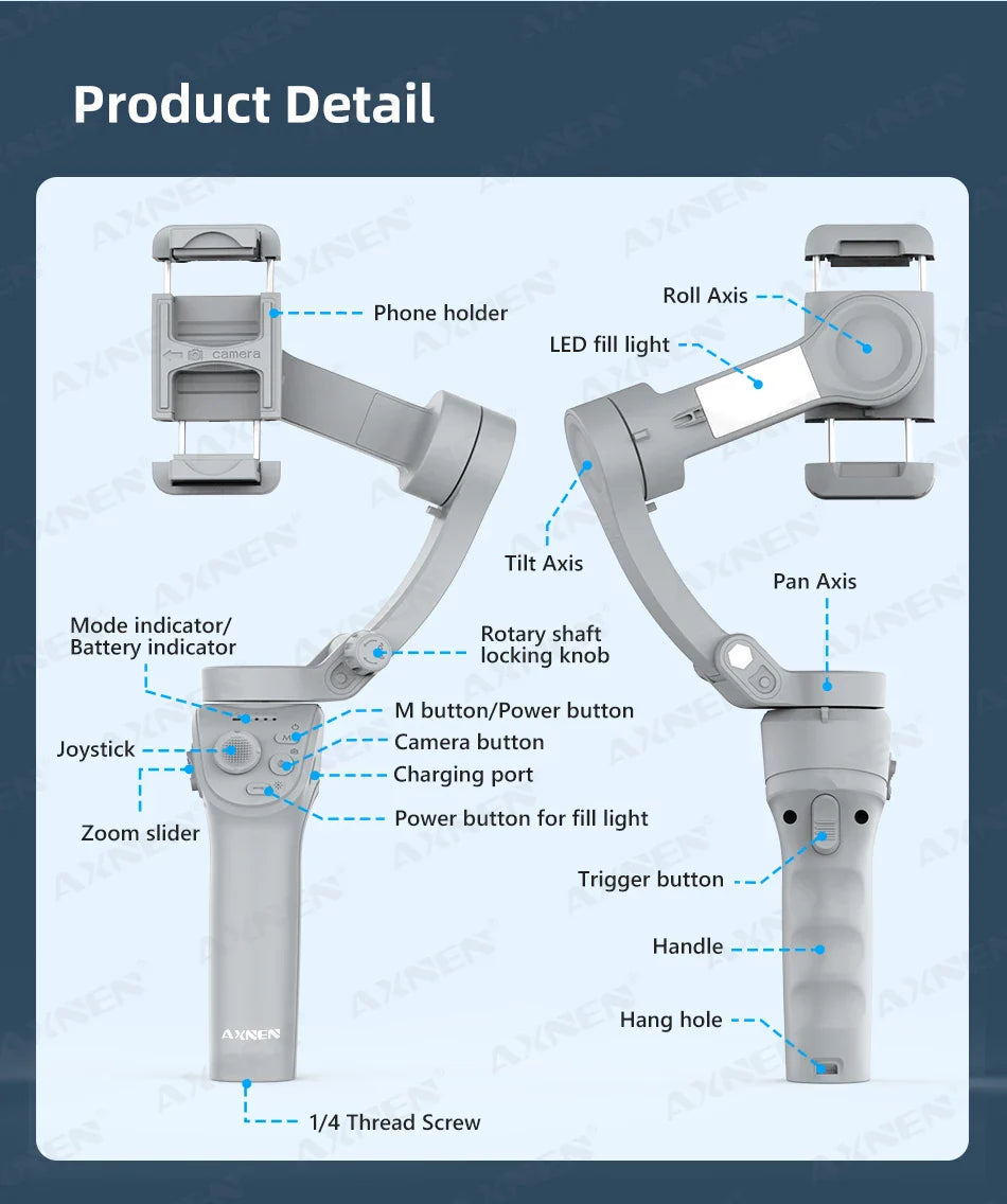3 Axis Handheld Gimbal Stabilizer with Fill Light – Smartphone Stabilizer for iPhone & Android, Face Tracking, TikTok, Vlog – HQ6
