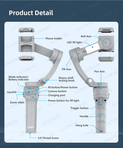 3 Axis Handheld Gimbal Stabilizer with Fill Light – Smartphone Stabilizer for iPhone & Android, Face Tracking, TikTok, Vlog – HQ6