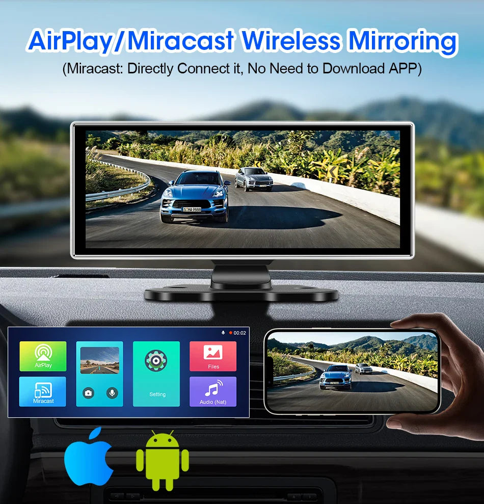 11.26" 4K Car DVR Dash Cam — Wireless CarPlay & Android Auto, Dual Lens Video Recorder with AI Screen, GPS Navigation, HD Dashboard Monitor