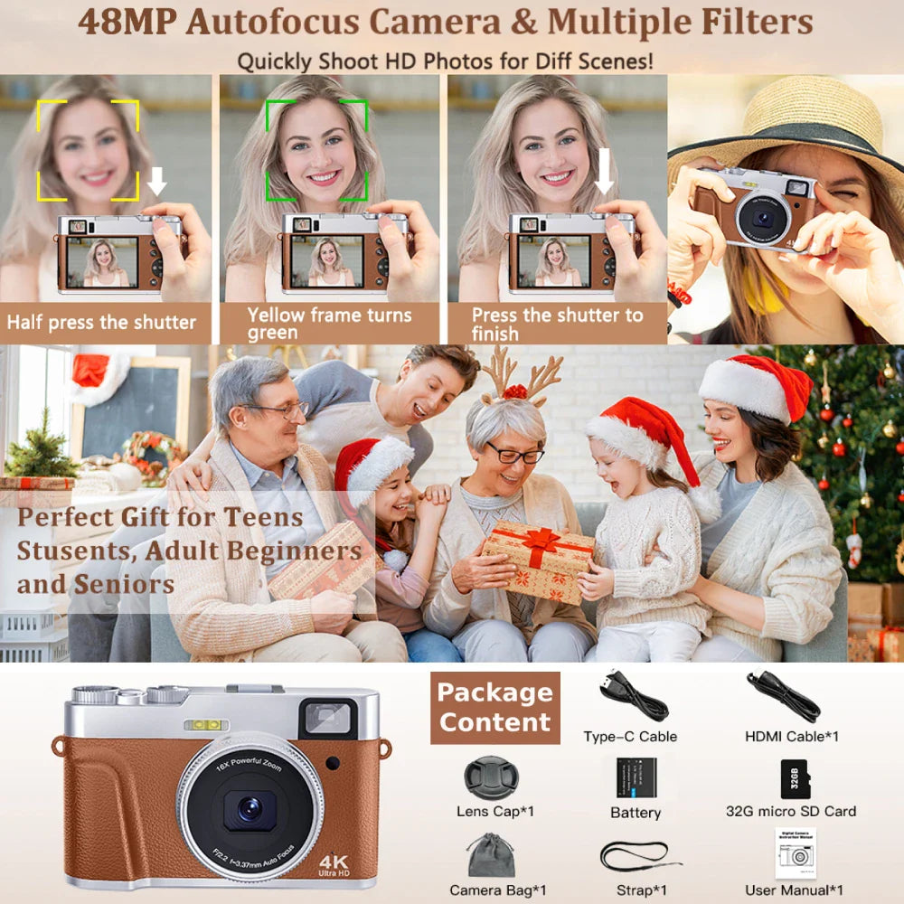 4K Digital Camera – 48MP Auto Focus Vlogging Camera for YouTube, Anti-Shake, Viewfinder, Flash & Dial (Brown)