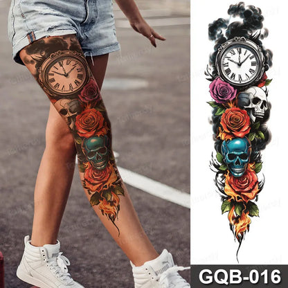 Full Arm Dragon Skull Tattoo Sleeve - Waterproof Temporary Body Art Sticker with Clock Compass Flower Design for Men & Women