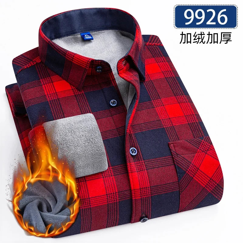 Men’s Fleece Plaid Shirt - Warm Thick Long Sleeve Business Check Shirt with Single Pocket for Autumn & Winter