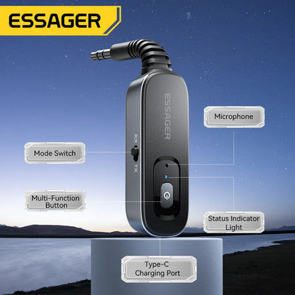 Essager Bluetooth 5.1 Audio Receiver & Transmitter – 3.5mm AUX Wireless Adapter with Mic for PC, TV, Car & Speakers