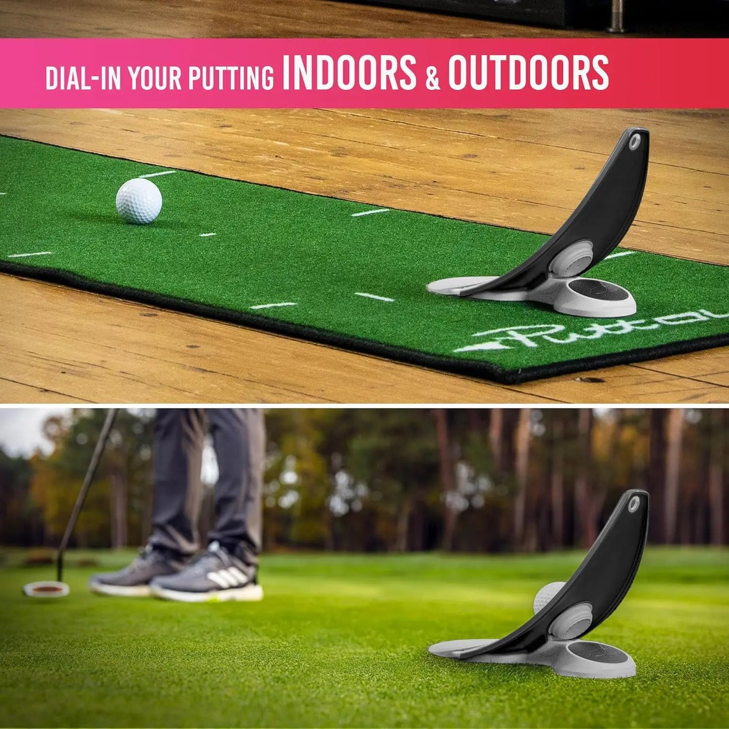 Golf Putter Practice Alignment Tool – Foldable Stick Holder with Triple Aim Points & Spiked Base for Indoor & Outdoor Use