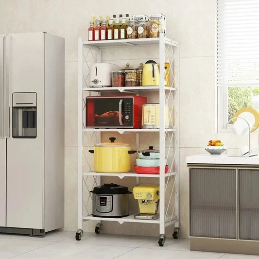 Installation-Free Multilayer Bookshelf & Microwave Rack — Foldable Movable Floor Storage Organizer for Living Room