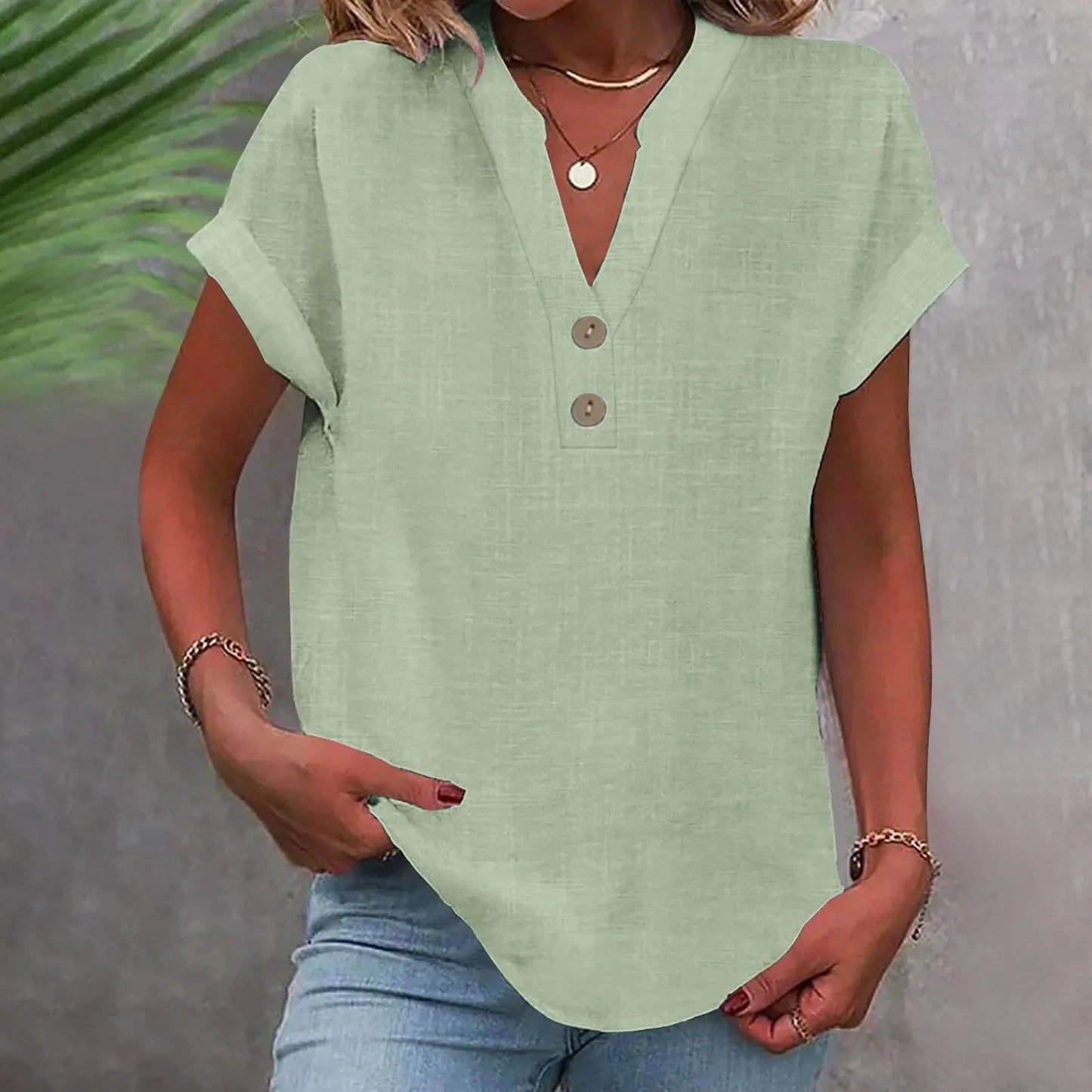 Women’s Summer Cotton Linen V-Neck Button Down Shirt – Breathable Casual Office Top in Solid Colors