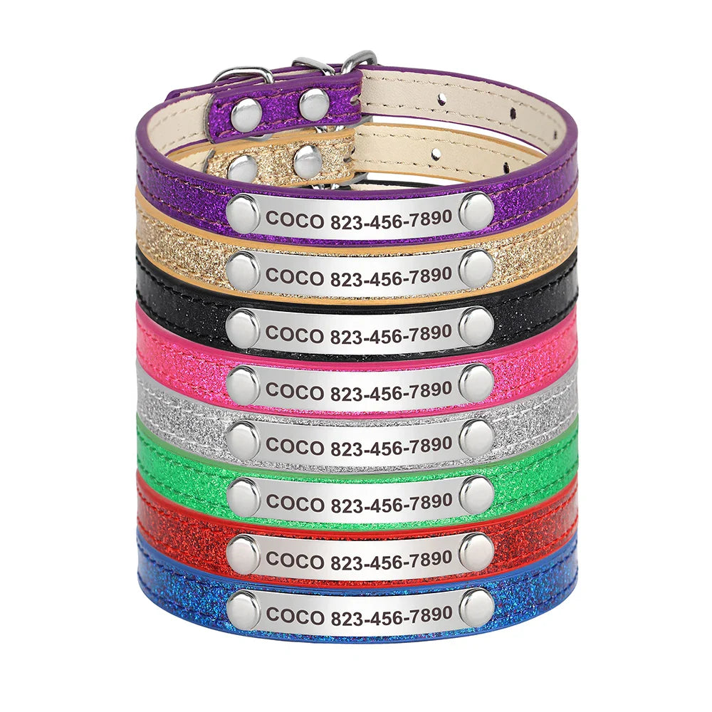 Personalized Cat Collar — Bling PU Leather Adjustable Collar with Custom ID Necklace for Cats, Kittens & Small Dogs