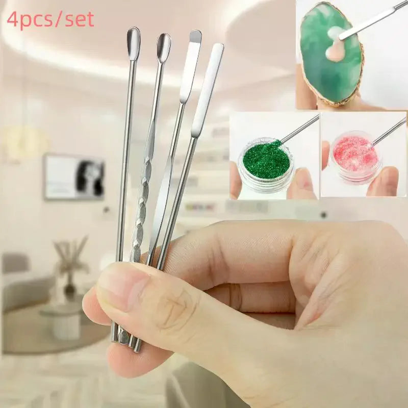 4-Piece Nail Art Stirring Rod Set - Stainless Steel Mixing Spoon & Spatula for Gel Polish, Powder, Liquid & Foundation