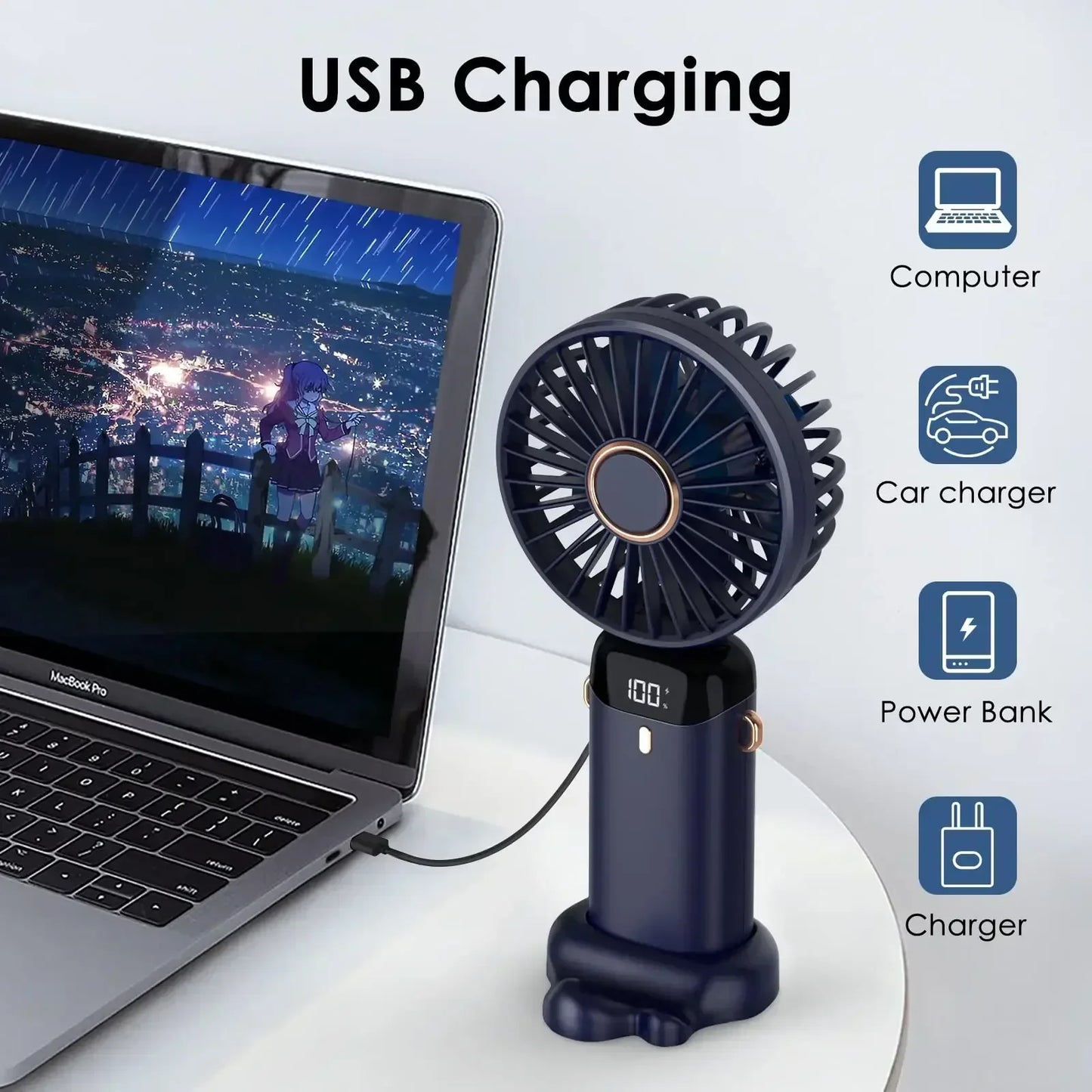 5000mAh Handheld Mini Fan – Wireless USB Rechargeable Portable Fan with Digital Display, Phone Holder, 5-Speed Foldable Neck Hanging Fan