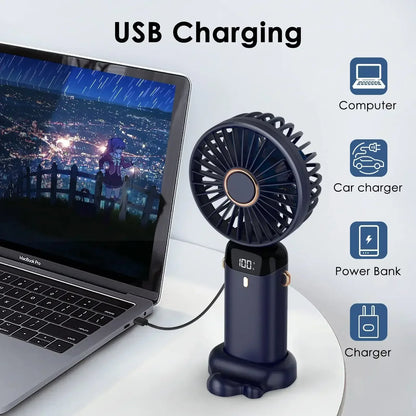 5000mAh Handheld Mini Fan – Wireless USB Rechargeable Portable Fan with Digital Display, Phone Holder, 5-Speed Foldable Neck Hanging Fan