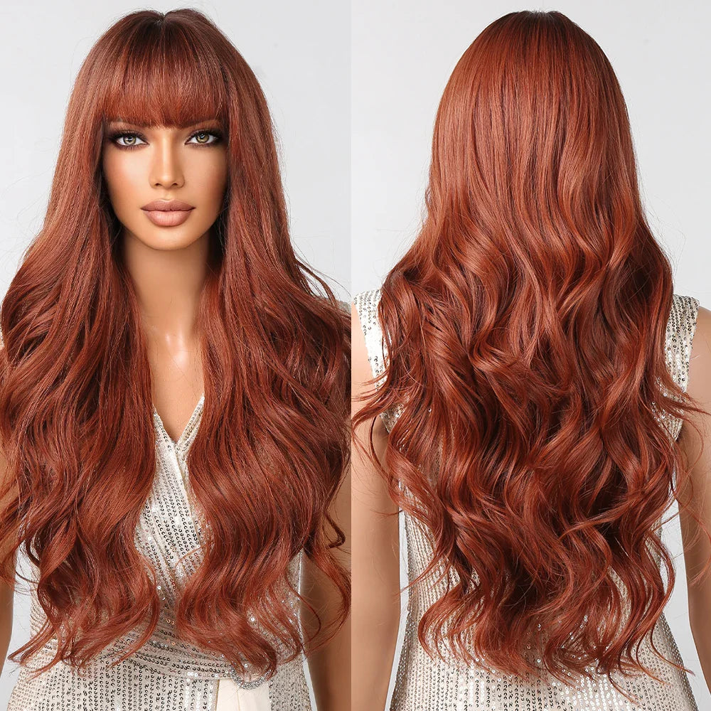 Copper Ginger Red Brown Synthetic Wig – Long Fluffy Wavy Wig with Bangs, Heat-Resistant Cosplay & Daily Wear Hair for Women