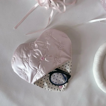 Pink Heart Bow Glasses Case - PU Leather Eyewear Storage Pouch with Embossed Pattern Design