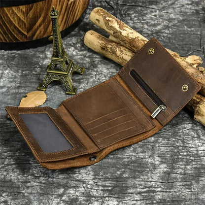 Men’s Genuine Leather Short Wallet with Chain – Trifold Zipper Clutch, Card Holder & Coin Purse