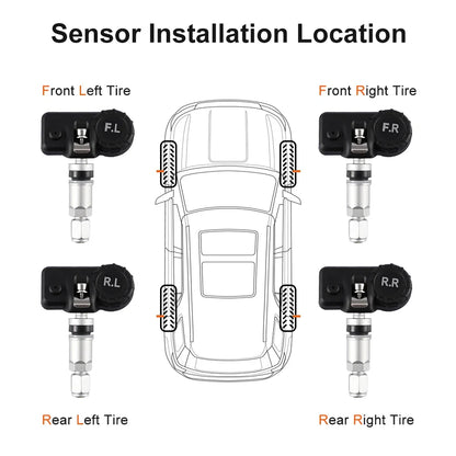 Solar Car TPMS Tire Pressure Monitoring System – 4 External Sensors with Temperature Alarm for Tyre Safety