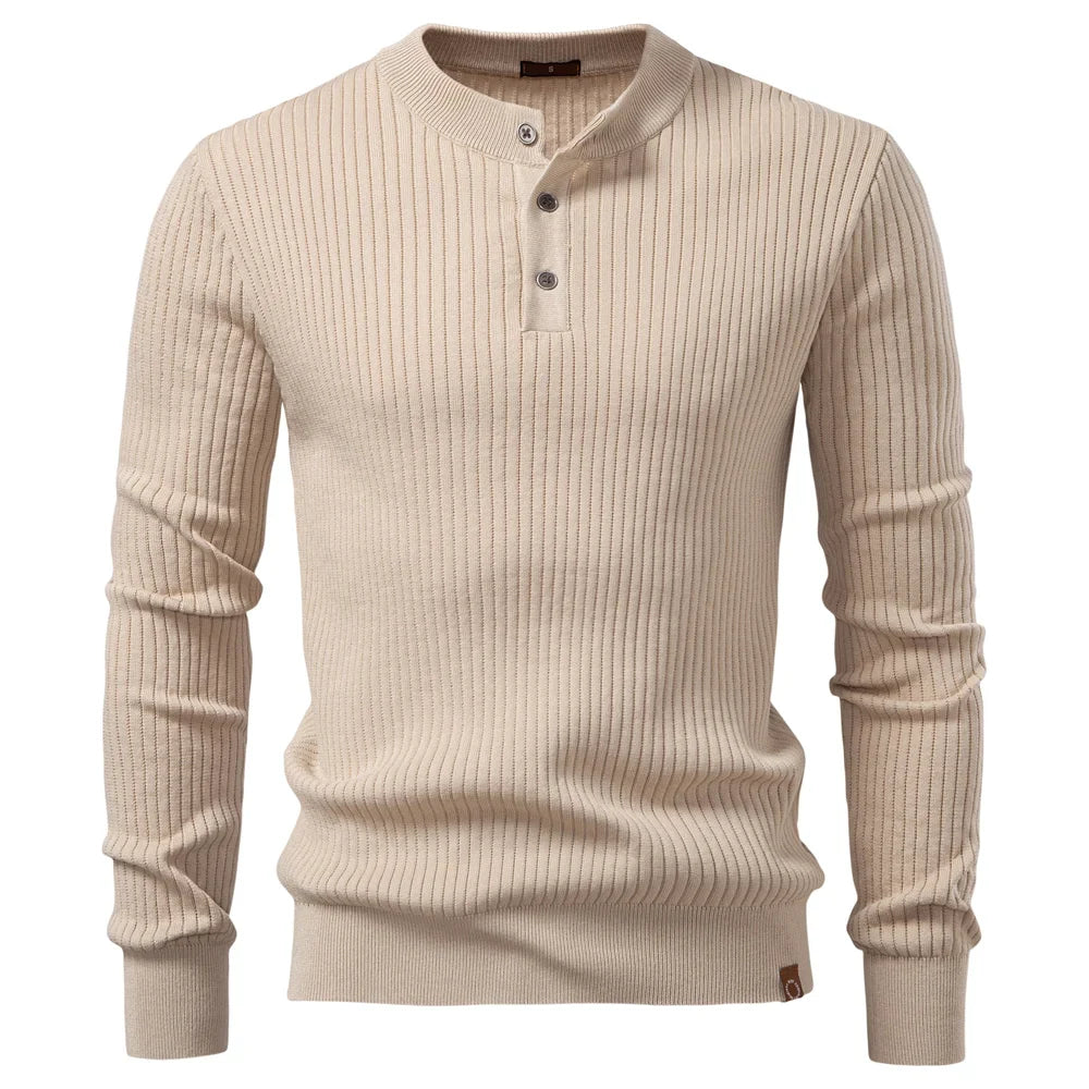 Men's Ribbed Stripe Polo Shirt - Long Sleeve Button Placket Premium Business Casual Top
