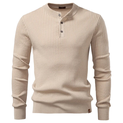 Men's Ribbed Stripe Polo Shirt - Long Sleeve Button Placket Premium Business Casual Top