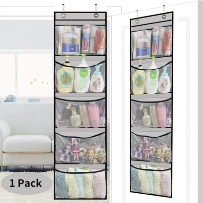 Over the Door Organizer – Grey Hanging Storage with 5 Large Pockets & Shelves