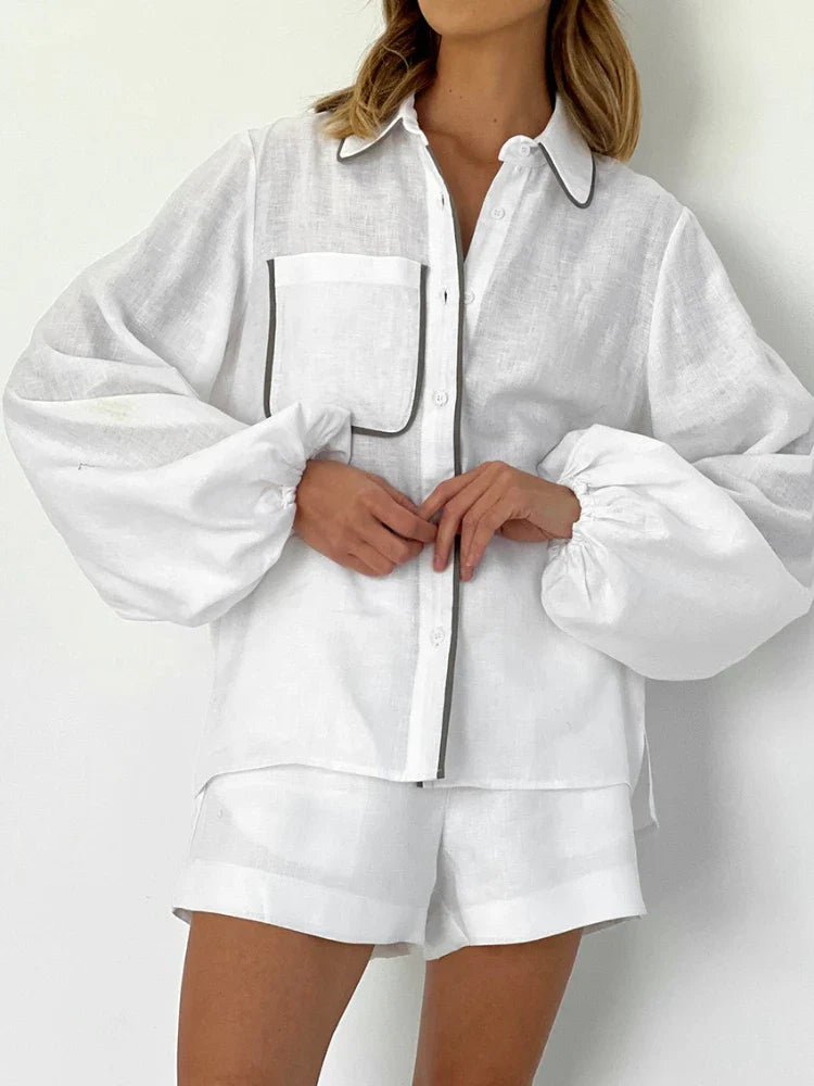 Summer Women’s Elegant Two-Piece Set – Cotton Linen Long-Sleeve Shirt & Shorts, Black & White Contrast