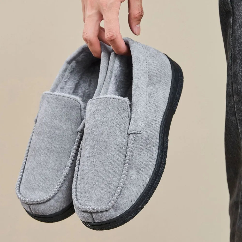 Men's Fleece-Lined Moccasin Slippers - Warm Closed-Back Non-Slip Indoor & Outdoor Winter Shoes