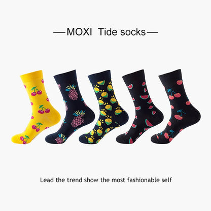 5-Pair Men’s Cotton Sports Socks Pack - Hip Hop Harajuku Pastel Print Long Tube Running Casual Socks