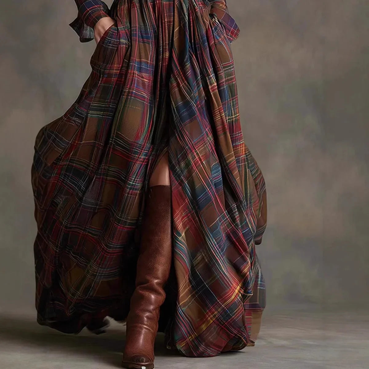 Women’s Plaid Maxi Shirt Dress – Autumn Casual Long Sleeve Button Pocket Lapel Retro Dress