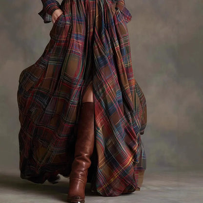 Women’s Plaid Maxi Shirt Dress – Autumn Casual Long Sleeve Button Pocket Lapel Retro Dress