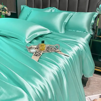 Nordic Silk Bedding Set With Duvet Cover - Luxury Solid Color Bed Sheet & Pillowcase Set For Single Double Couple Summer Bed Linen