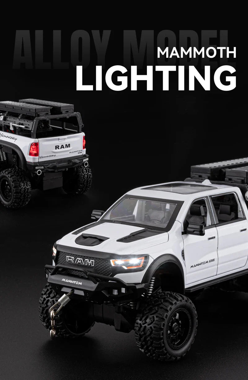 1:24 Dodge Mammoth RAM 1000 TRX 6x6 Diecast Model Car – Metal Alloy Toy with Lights for Kids & Collectors Gift