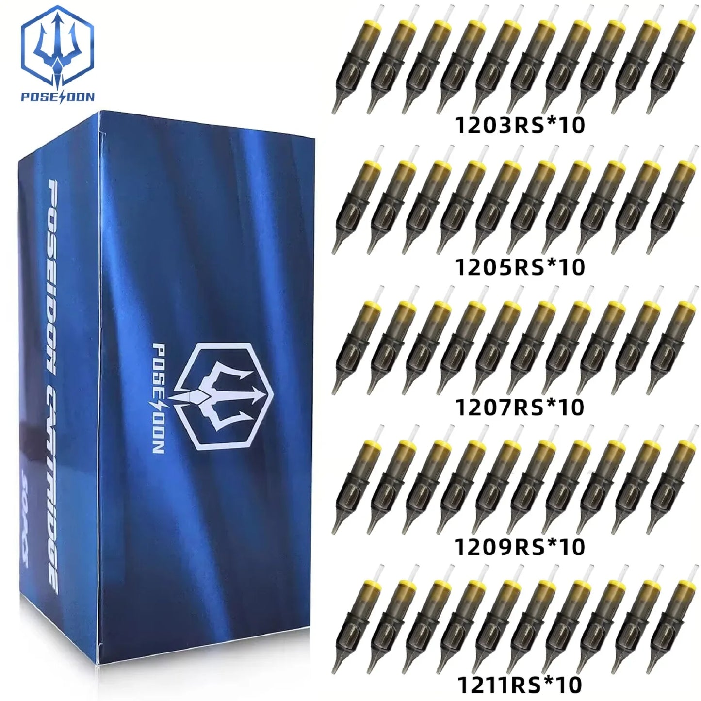 POSEIDON V2 50PCS Mixed Tattoo Cartridge Needles – RL, RS, RM, M1 Disposable Safety Membrane Needles for Professional Tattooing