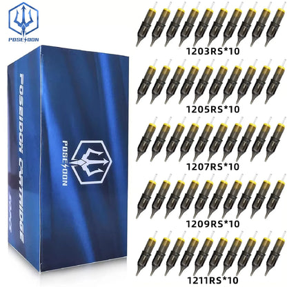 POSEIDON V2 50PCS Mixed Tattoo Cartridge Needles – RL, RS, RM, M1 Disposable Safety Membrane Needles for Professional Tattooing