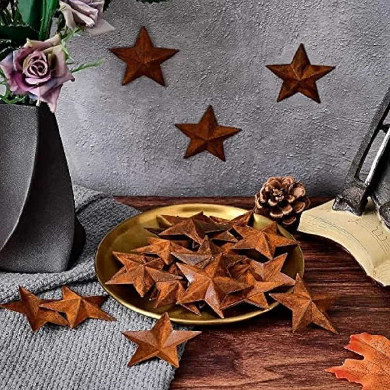 30pcs 1-Inch Rustic Metal Barn Star Ornaments – Antique Primitives Tin Steel 3D Country Craft Decor Accents