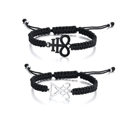 Leviathan Cross Woven Bracelet - Stainless Steel Satanic Style Totem Black Adjustable Knot Wrist Jewelry