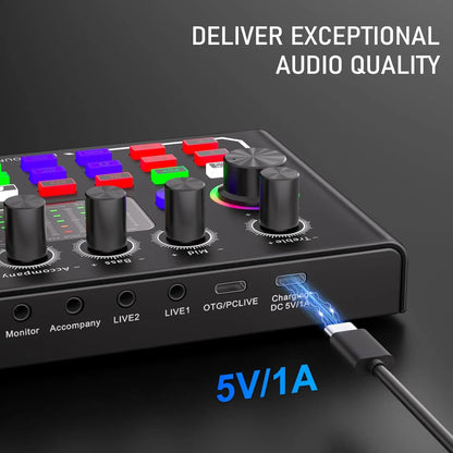 F009 Live Sound Card Mixer - Bluetooth DJ Audio Interface with Microphone Kit for Smartphone Live Streaming & Recording