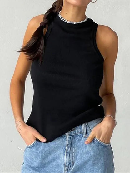Ribbed Knit Summer Tank Top - Women's Casual Off-Shoulder Basic Vest Shirt